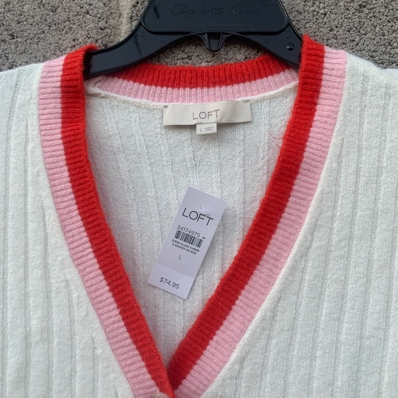 LOFT White Cardigan with Pink and Red Trim Swiftie Style Women’s Size Large NWT - Picture 2 of 12